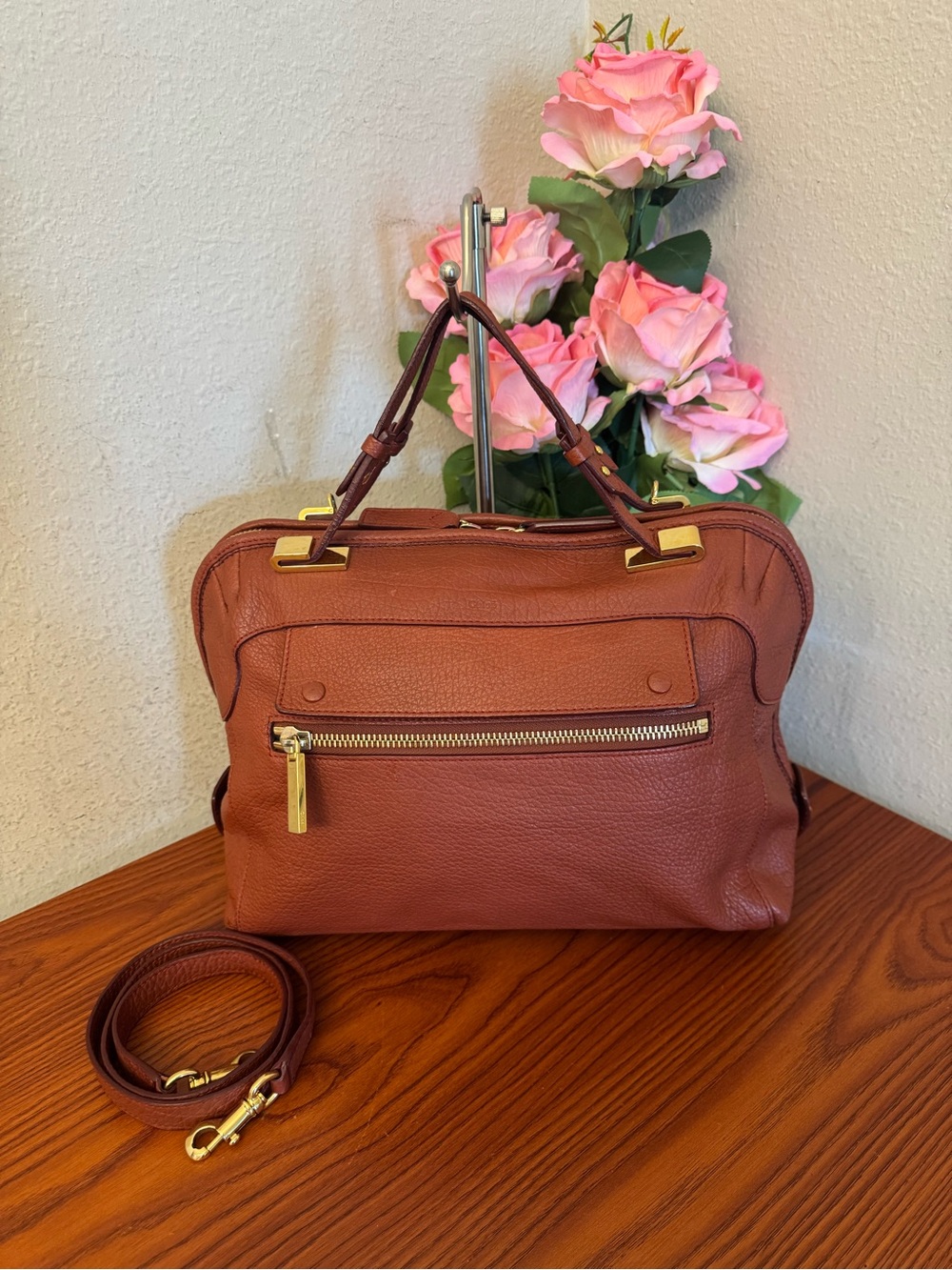 Chloe Pebbled Leather Satchel in Burnt Brown with Gold Hardware